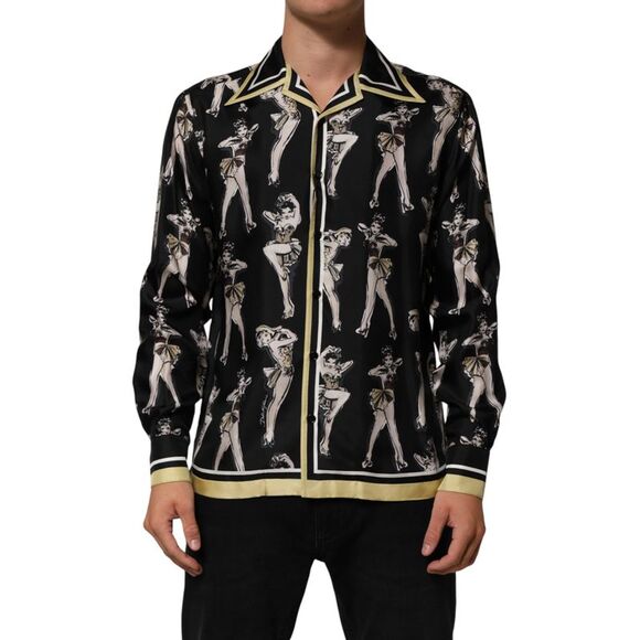 Dolce & Gabbana Black Silk Pin Up Printed Button Down Men's Shirt